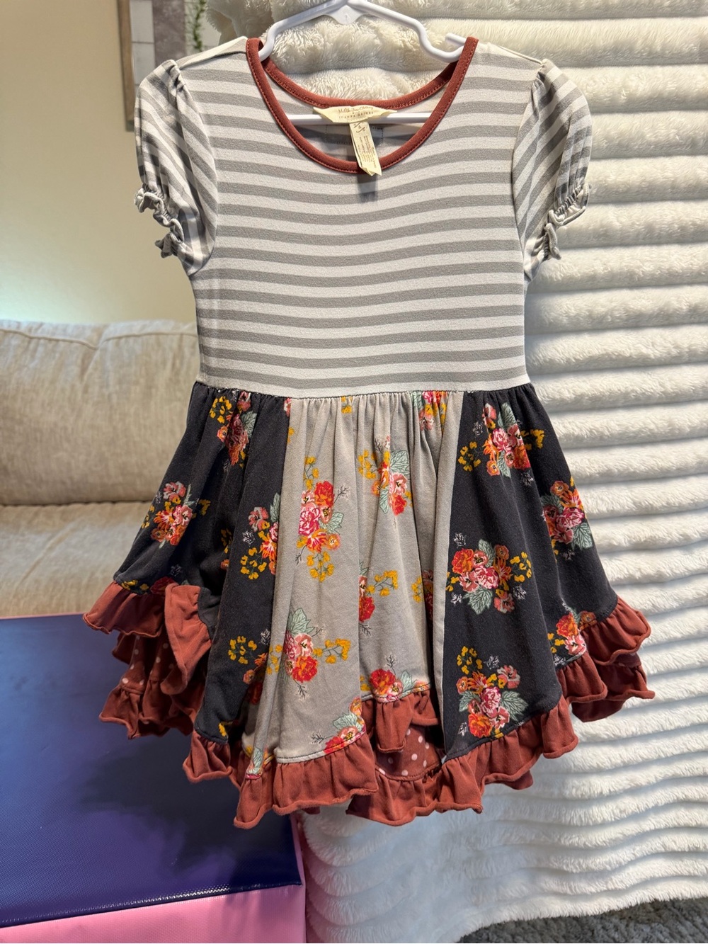 Matilda Jane Gray Striped & Floral Ruffle Dress with Rust Trim